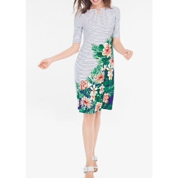 Chico's Keyhole Striped Paradise Palm Dress Sz 3 New Allover Print 16 XL - Picture 1 of 6